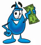 0025-0803-0518-0462_clip_art_graphic_of_a_blue_waterdrop_or_tear_character_holding_a_dollar_bill